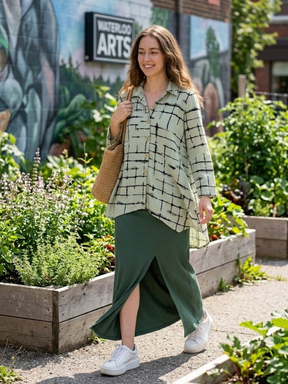 HABITAT Sage Green Asymmetric Button Tunic Shirt Dress Size M | Boho Grid Print